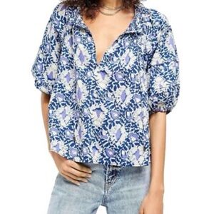 Free People Willow Printed Smocked Puff Sleeve Blouse